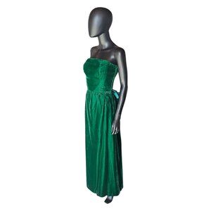 Vintage Green Velvet Strapless Satin Back Detail Party Dress